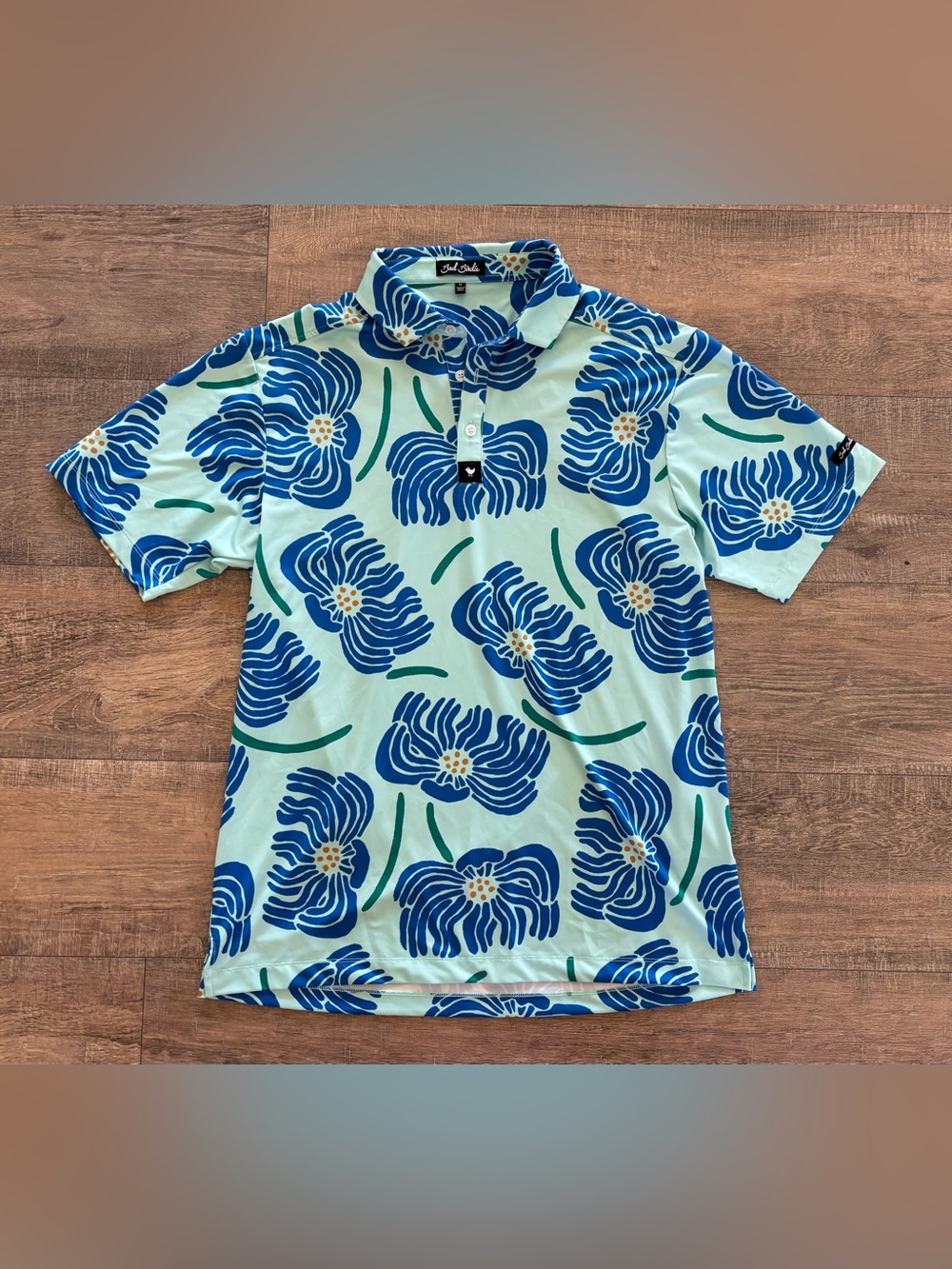 Bad Birdie Get In My Jelly Men’s Size Medium Blue Floral Golf Polo Shirt